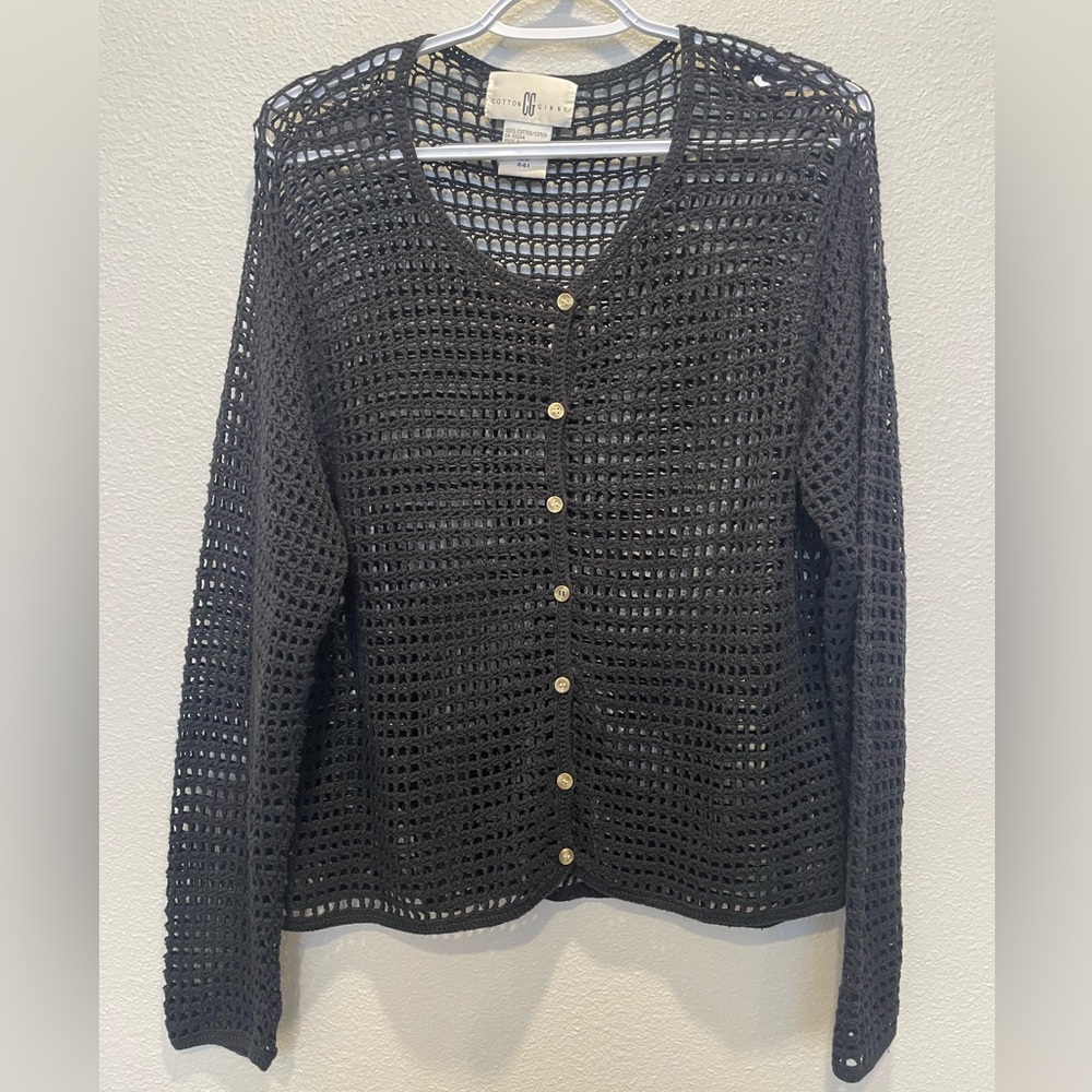 Cotton Ginny Elegant Black Mesh Button-Up Cardigan